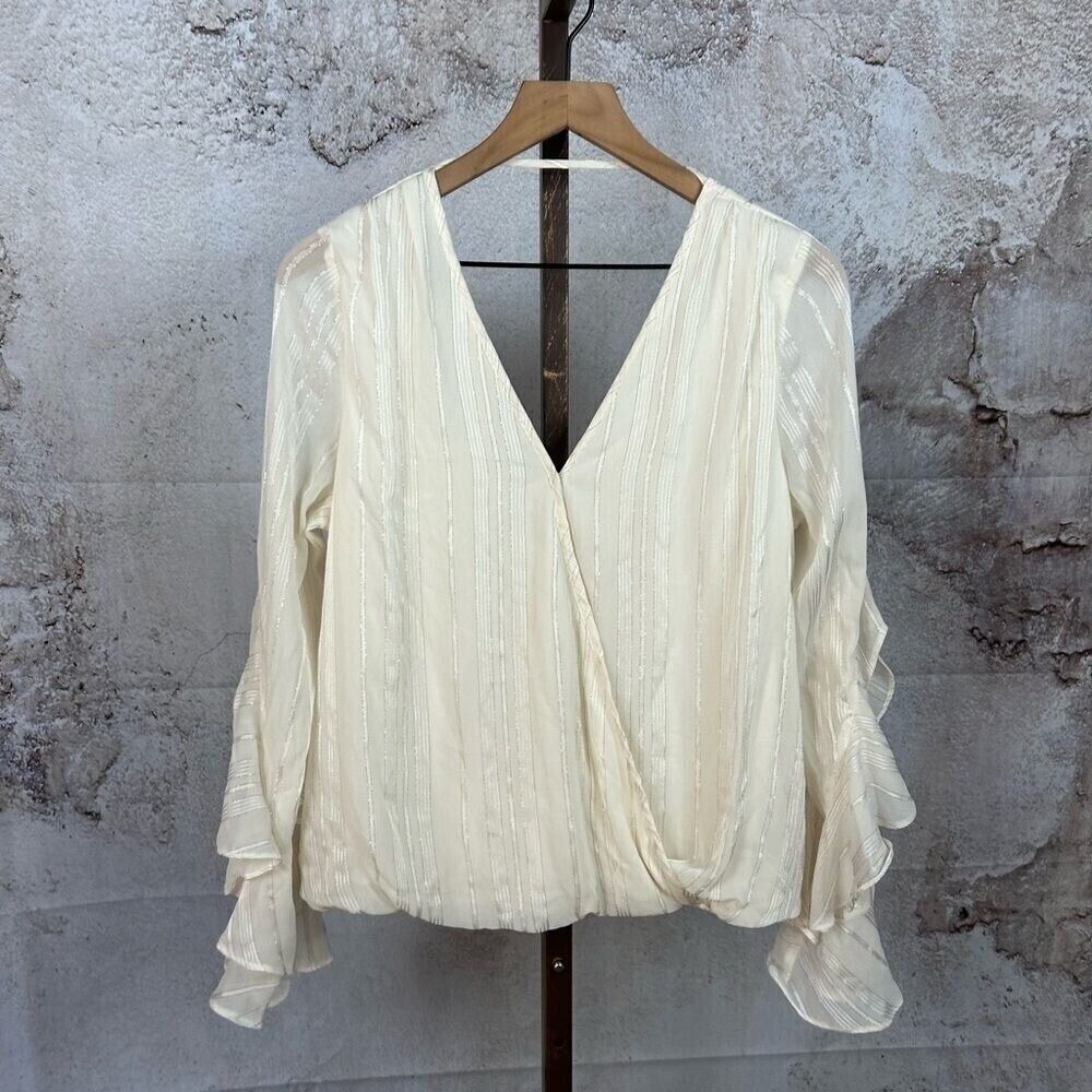 BCX ruffled sleeve shimmer top size L tonal pinstripe  feminine wrap blouse Y2K - Picture 2 of 6